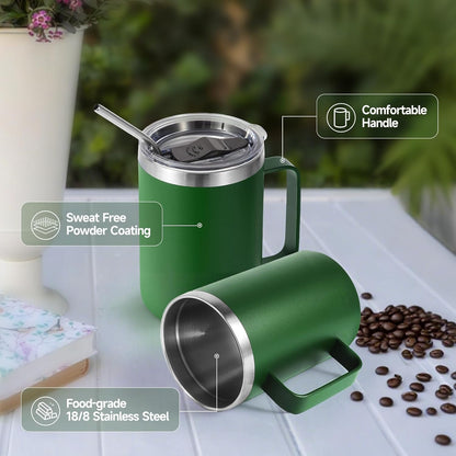 Volhoply 16oz Insulated Coffee Mug with Lid and Straw, Stainless Steel Travel Mugs with Handle, Double Wall Vacuum Leak Proof Coffee Tumbler Cup (White,1)