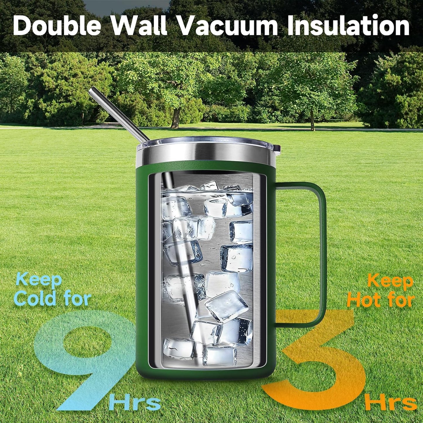 Volhoply 16oz Insulated Coffee Mug with Lid and Straw, Stainless Steel Travel Mugs with Handle, Double Wall Vacuum Leak Proof Coffee Tumbler Cup (White,1)