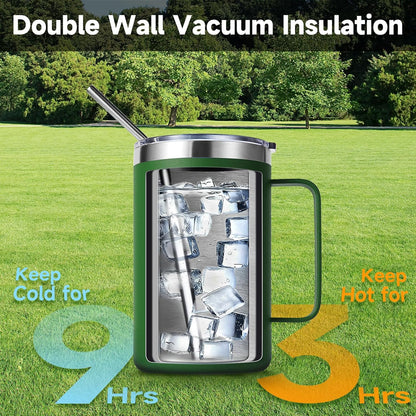 Volhoply 16oz Insulated Coffee Mug with Lid and Straw, Stainless Steel Travel Mugs with Handle, Double Wall Vacuum Leak Proof Coffee Tumbler Cup (White,1)
