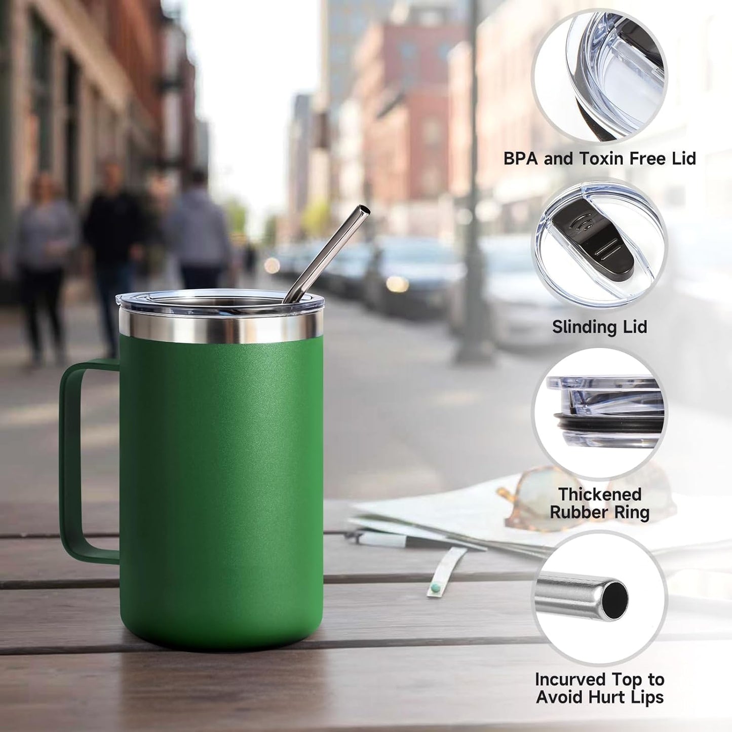 Volhoply 16oz Insulated Coffee Mug with Lid and Straw, Stainless Steel Travel Mugs with Handle, Double Wall Vacuum Leak Proof Coffee Tumbler Cup (White,1)