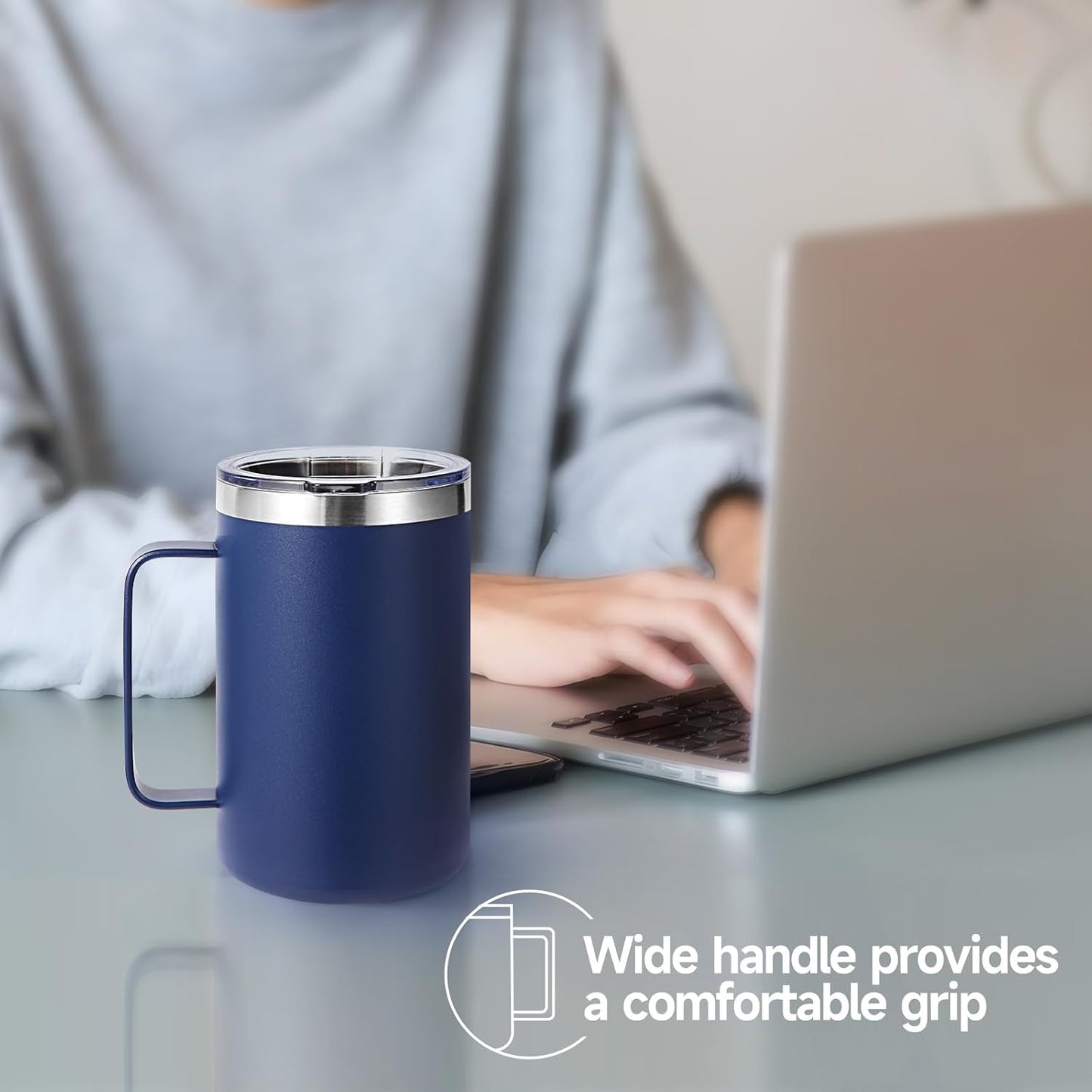 Volhoply 16oz Insulated Coffee Mug with Lid and Straw, Stainless Steel Travel Mugs with Handle, Double Wall Vacuum Leak Proof Coffee Tumbler Cup (White,1)