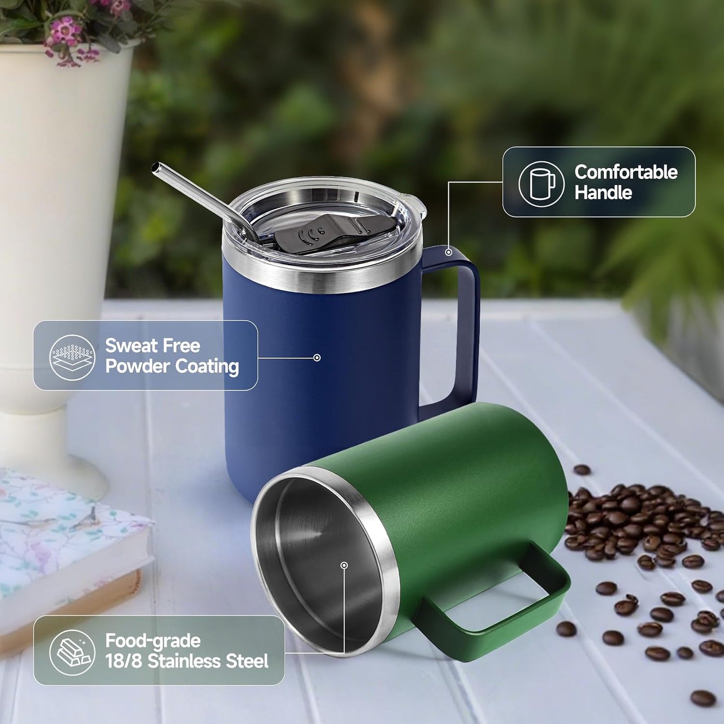 Volhoply 16oz Insulated Coffee Mug with Lid and Straw, Stainless Steel Travel Mugs with Handle, Double Wall Vacuum Leak Proof Coffee Tumbler Cup (White,1)