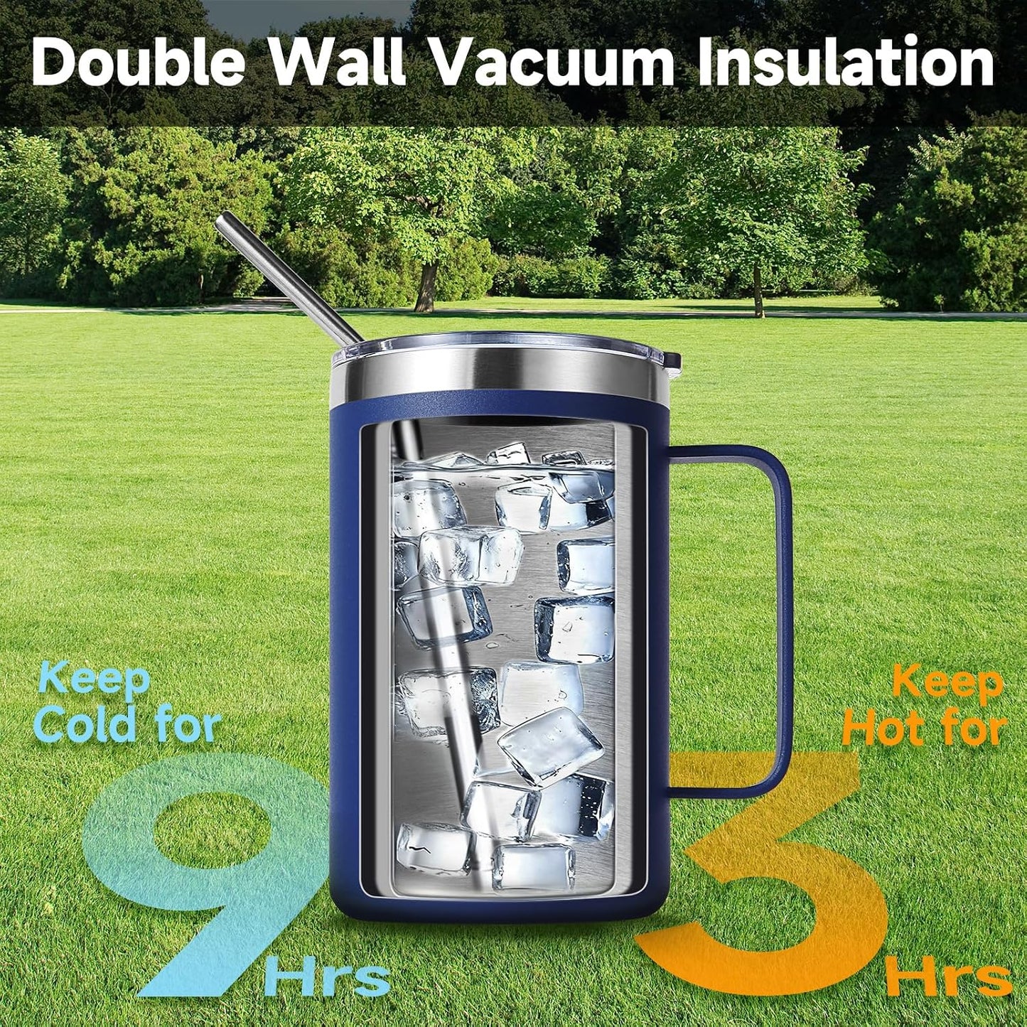 Volhoply 16oz Insulated Coffee Mug with Lid and Straw, Stainless Steel Travel Mugs with Handle, Double Wall Vacuum Leak Proof Coffee Tumbler Cup (White,1)