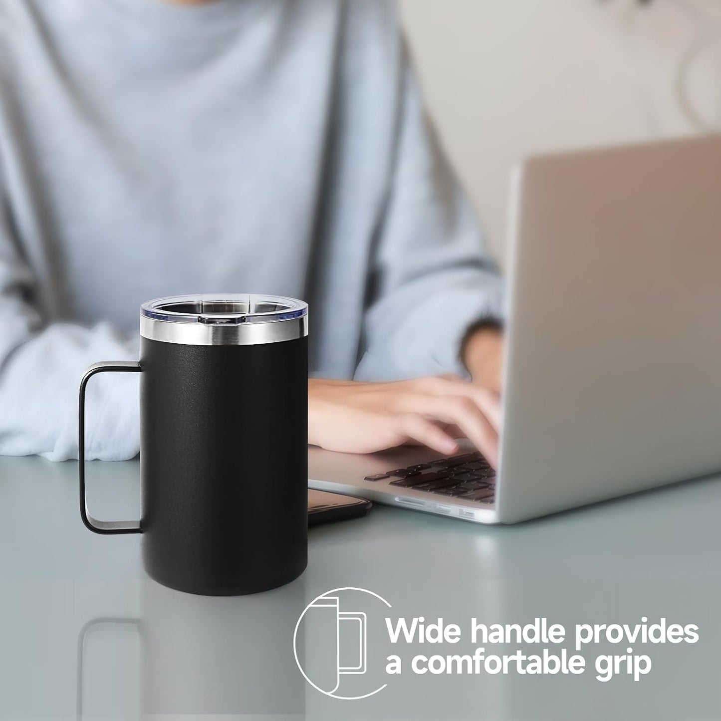 Volhoply 16oz Insulated Coffee Mug with Lid and Straw, Stainless Steel Travel Mugs with Handle, Double Wall Vacuum Leak Proof Coffee Tumbler Cup (White,1)