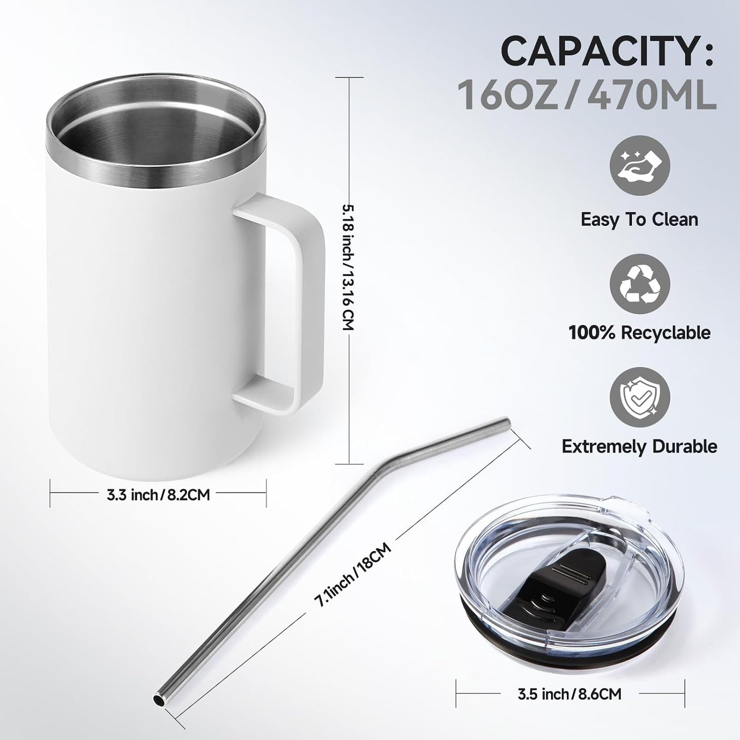 Volhoply 16oz Insulated Coffee Mug with Lid and Straw, Stainless Steel Travel Mugs with Handle, Double Wall Vacuum Leak Proof Coffee Tumbler Cup (White,1)