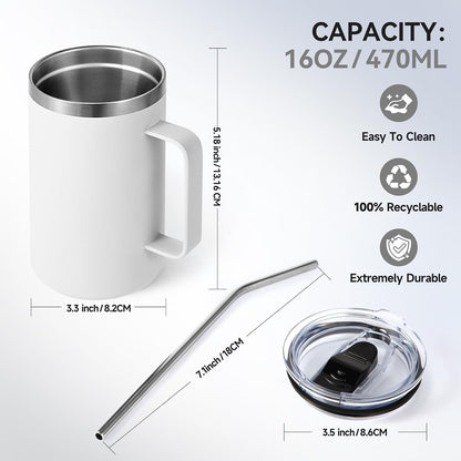 Volhoply 16oz Insulated Coffee Mug with Lid and Straw, Stainless Steel Travel Mugs with Handle, Double Wall Vacuum Leak Proof Coffee Tumbler Cup (White,1)