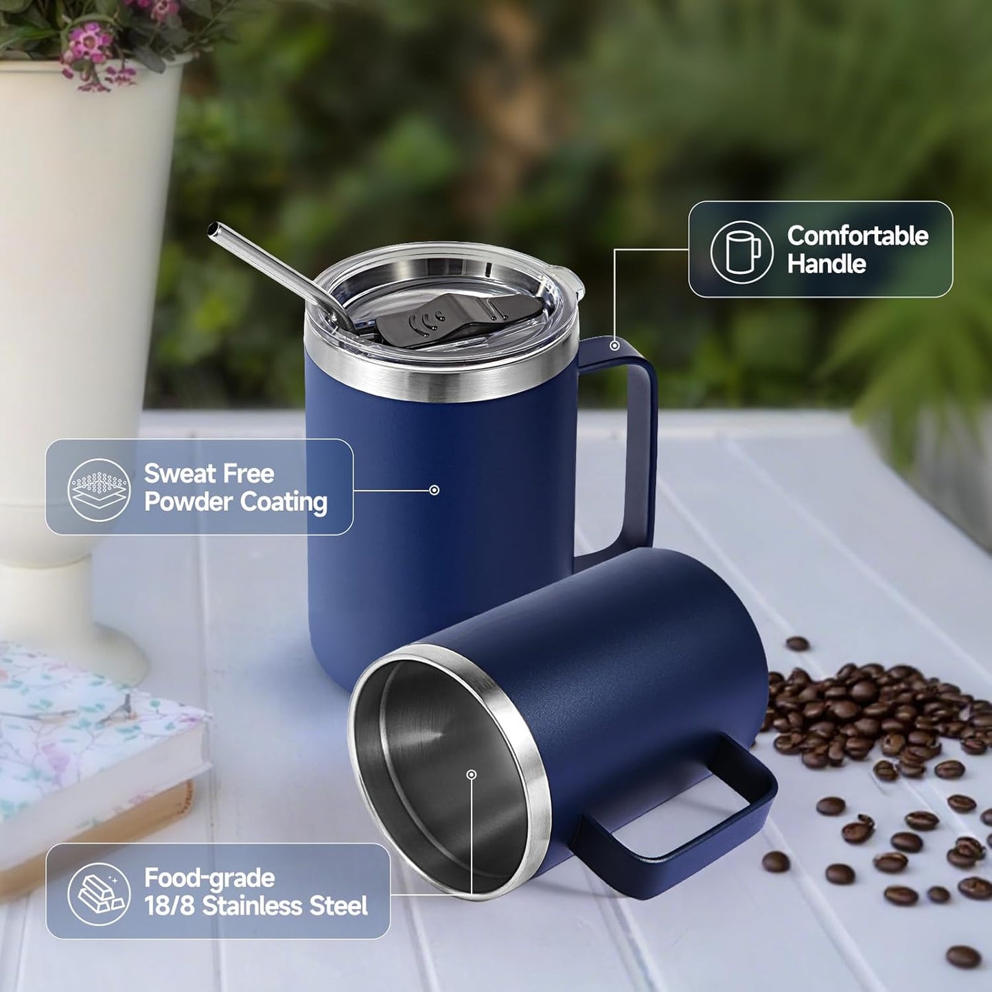Volhoply 16oz Insulated Coffee Mug with Lid and Straw, Stainless Steel Travel Mugs with Handle, Double Wall Vacuum Leak Proof Coffee Tumbler Cup (White,1)