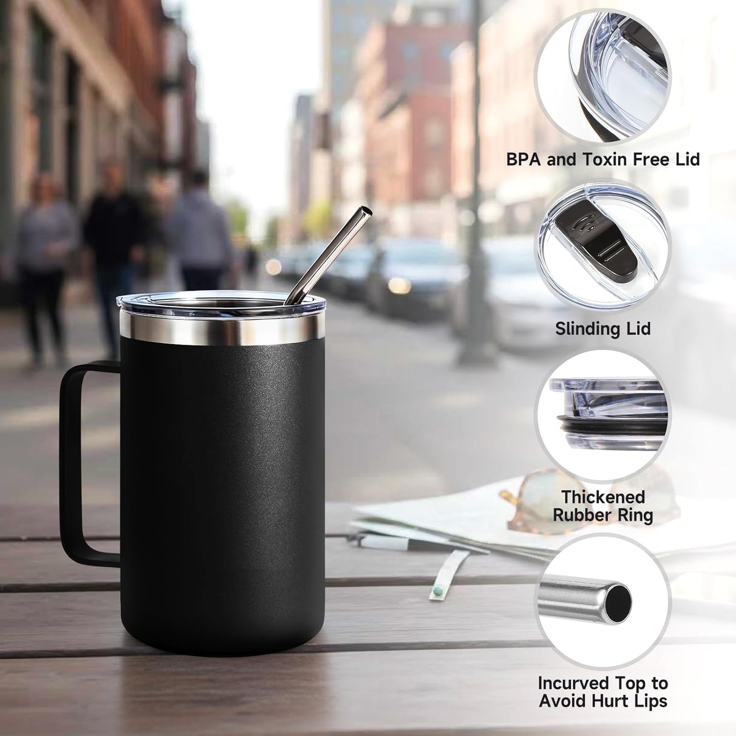 Volhoply 16oz Insulated Coffee Mug with Lid and Straw, Stainless Steel Travel Mugs with Handle, Double Wall Vacuum Leak Proof Coffee Tumbler Cup (White,1)