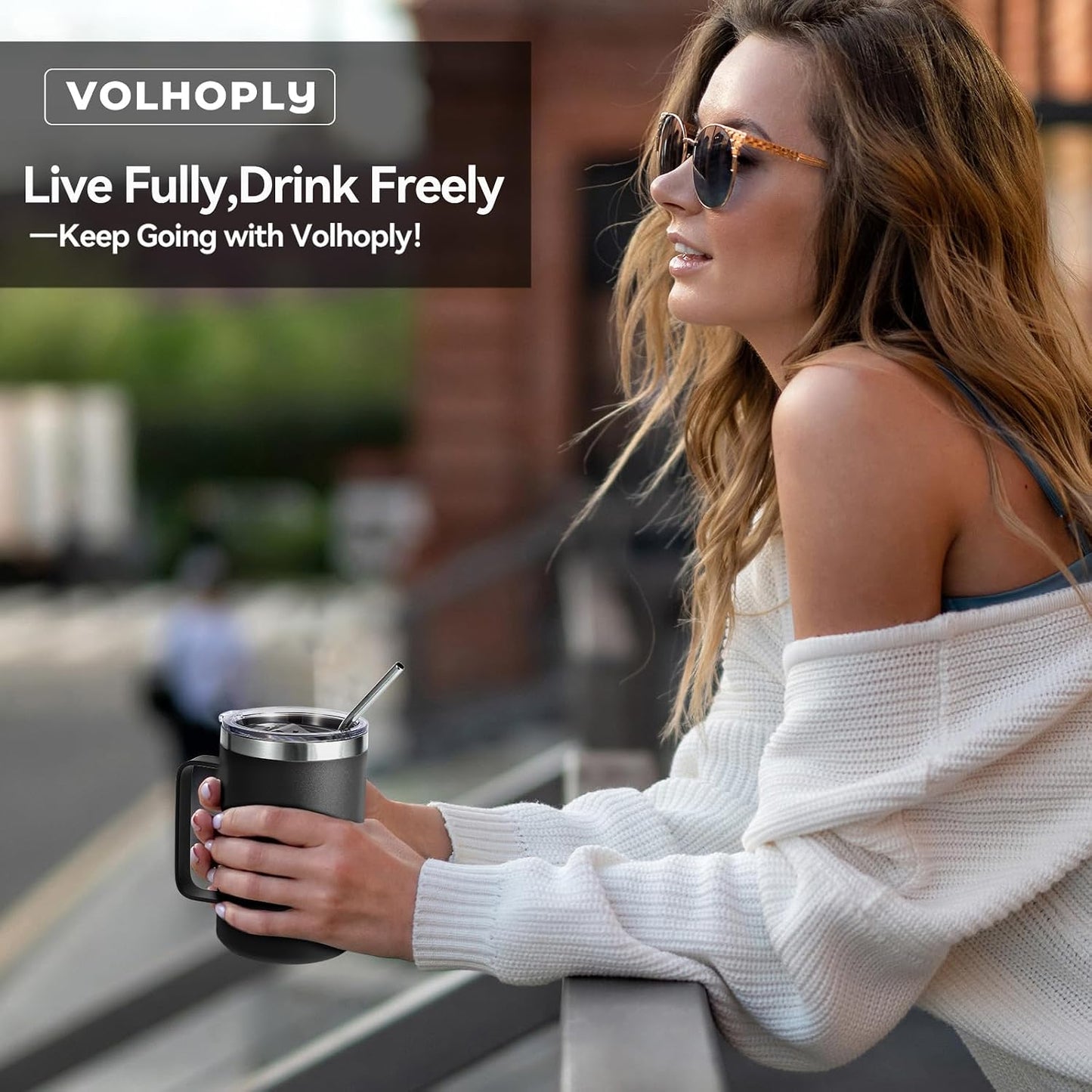 Volhoply 16oz Insulated Coffee Mug with Lid and Straw, Stainless Steel Travel Mugs with Handle, Double Wall Vacuum Leak Proof Coffee Tumbler Cup (White,1)