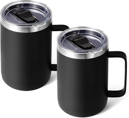 Volhoply 16oz Insulated Coffee Mug with Lid and Straw, Stainless Steel Travel Mugs with Handle, Double Wall Vacuum Leak Proof Coffee Tumbler Cup (White,1)