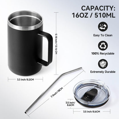 Volhoply 16oz Insulated Coffee Mug with Lid and Straw, Stainless Steel Travel Mugs with Handle, Double Wall Vacuum Leak Proof Coffee Tumbler Cup (White,1)