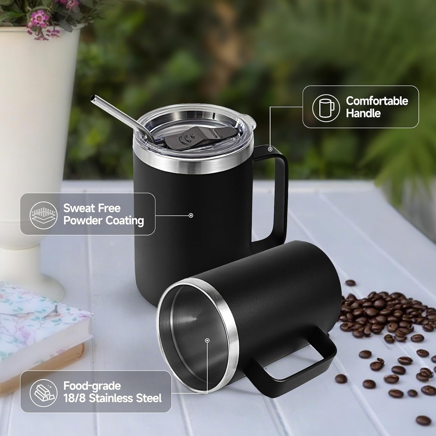 Volhoply 16oz Insulated Coffee Mug with Lid and Straw, Stainless Steel Travel Mugs with Handle, Double Wall Vacuum Leak Proof Coffee Tumbler Cup (White,1)