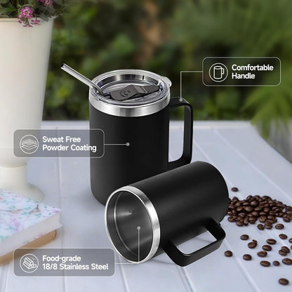 Volhoply 16oz Insulated Coffee Mug with Lid and Straw, Stainless Steel Travel Mugs with Handle, Double Wall Vacuum Leak Proof Coffee Tumbler Cup (White,1)