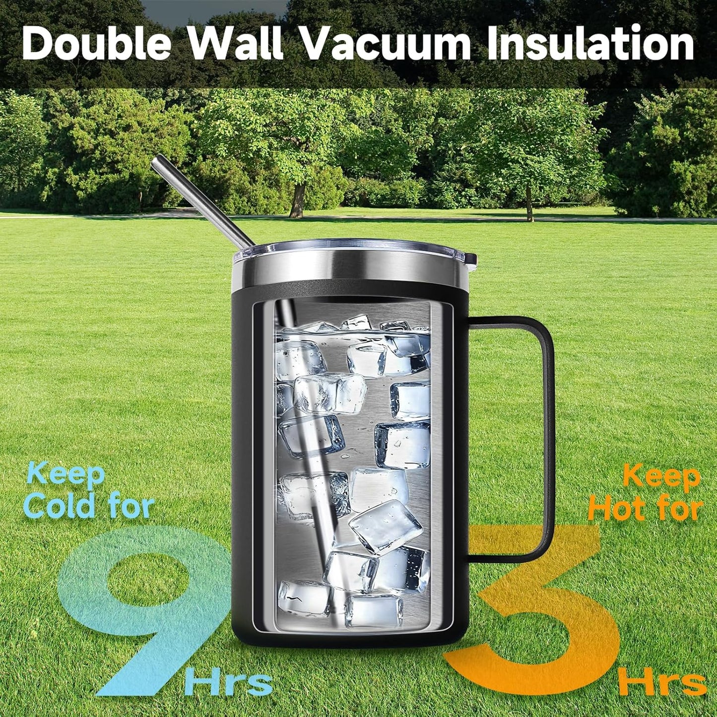 Volhoply 16oz Insulated Coffee Mug with Lid and Straw, Stainless Steel Travel Mugs with Handle, Double Wall Vacuum Leak Proof Coffee Tumbler Cup (White,1)