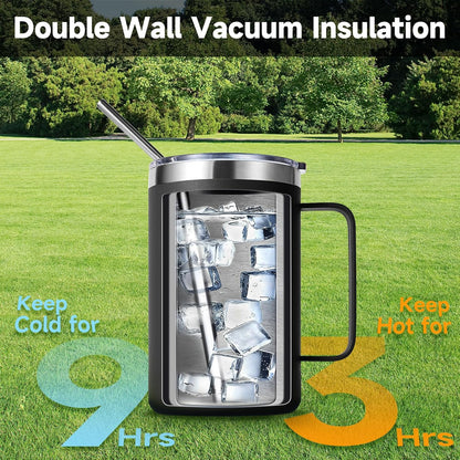 Volhoply 16oz Insulated Coffee Mug with Lid and Straw, Stainless Steel Travel Mugs with Handle, Double Wall Vacuum Leak Proof Coffee Tumbler Cup (White,1)