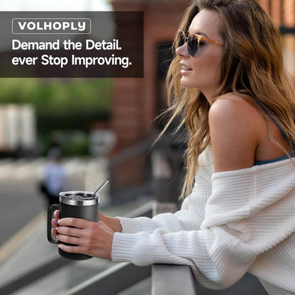 Volhoply 16oz Insulated Coffee Mug with Lid and Straw, Stainless Steel Travel Mugs with Handle, Double Wall Vacuum Leak Proof Coffee Tumbler Cup (White,1)