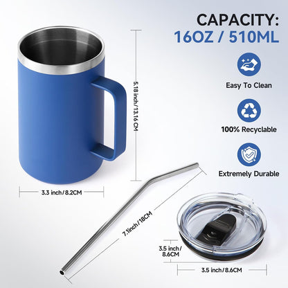 Volhoply 16oz Insulated Coffee Mug with Lid and Straw, Stainless Steel Travel Mugs with Handle, Double Wall Vacuum Leak Proof Coffee Tumbler Cup (White,1)