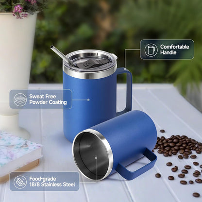 Volhoply 16oz Insulated Coffee Mug with Lid and Straw, Stainless Steel Travel Mugs with Handle, Double Wall Vacuum Leak Proof Coffee Tumbler Cup (White,1)