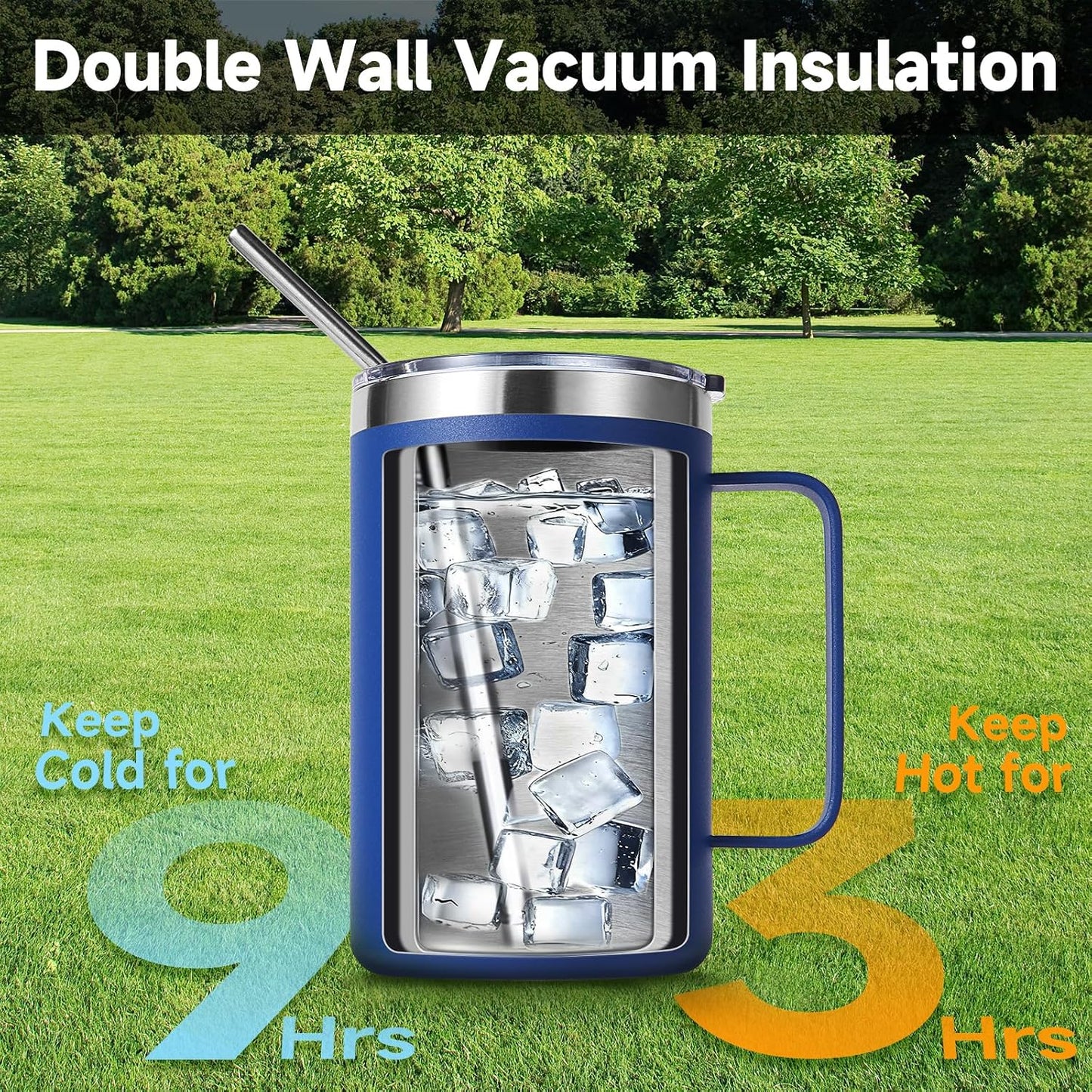 Volhoply 16oz Insulated Coffee Mug with Lid and Straw, Stainless Steel Travel Mugs with Handle, Double Wall Vacuum Leak Proof Coffee Tumbler Cup (White,1)