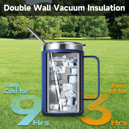 Volhoply 16oz Insulated Coffee Mug with Lid and Straw, Stainless Steel Travel Mugs with Handle, Double Wall Vacuum Leak Proof Coffee Tumbler Cup (White,1)