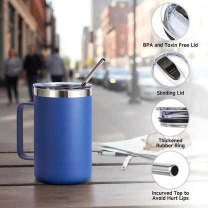 Volhoply 16oz Insulated Coffee Mug with Lid and Straw, Stainless Steel Travel Mugs with Handle, Double Wall Vacuum Leak Proof Coffee Tumbler Cup (White,1)