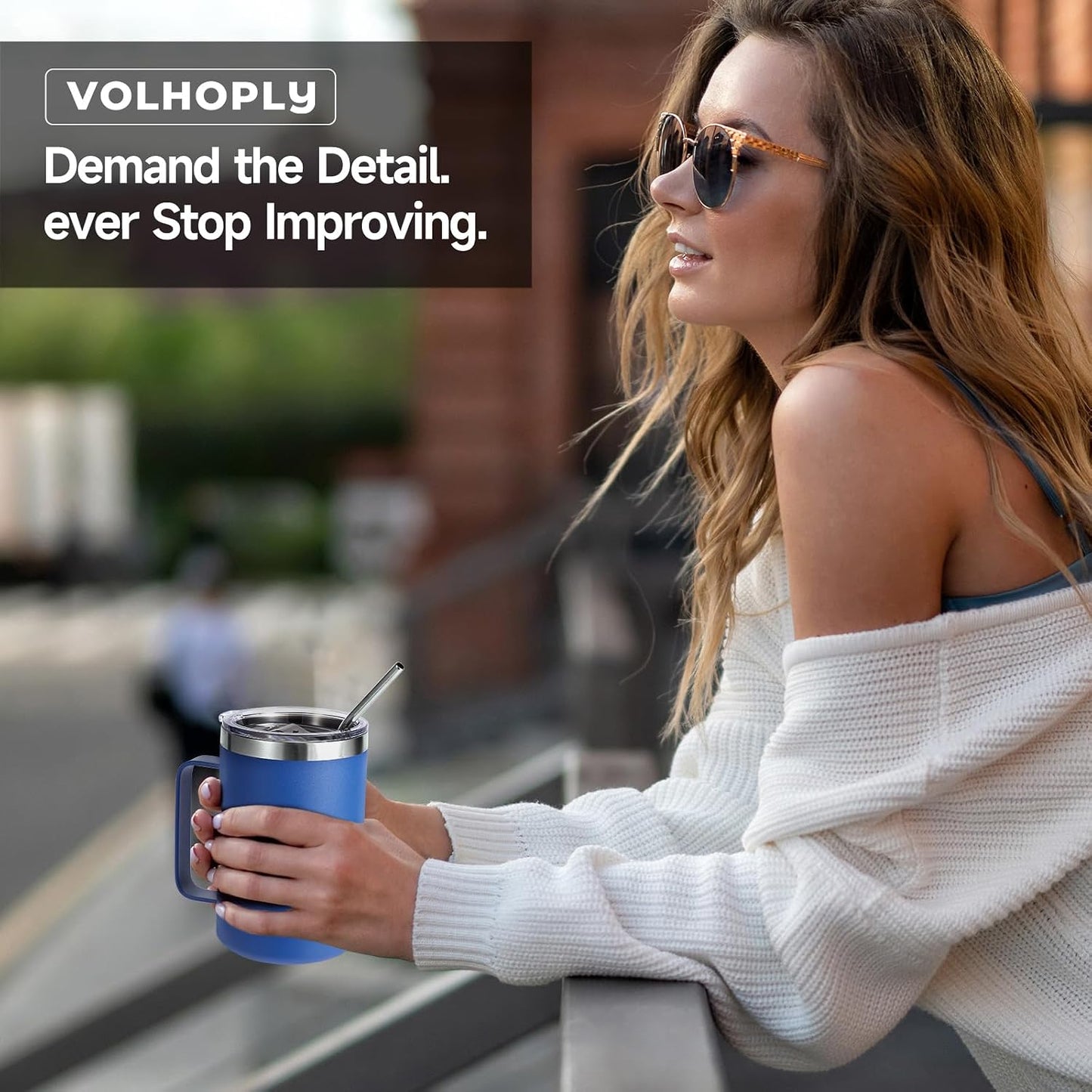 Volhoply 16oz Insulated Coffee Mug with Lid and Straw, Stainless Steel Travel Mugs with Handle, Double Wall Vacuum Leak Proof Coffee Tumbler Cup (White,1)