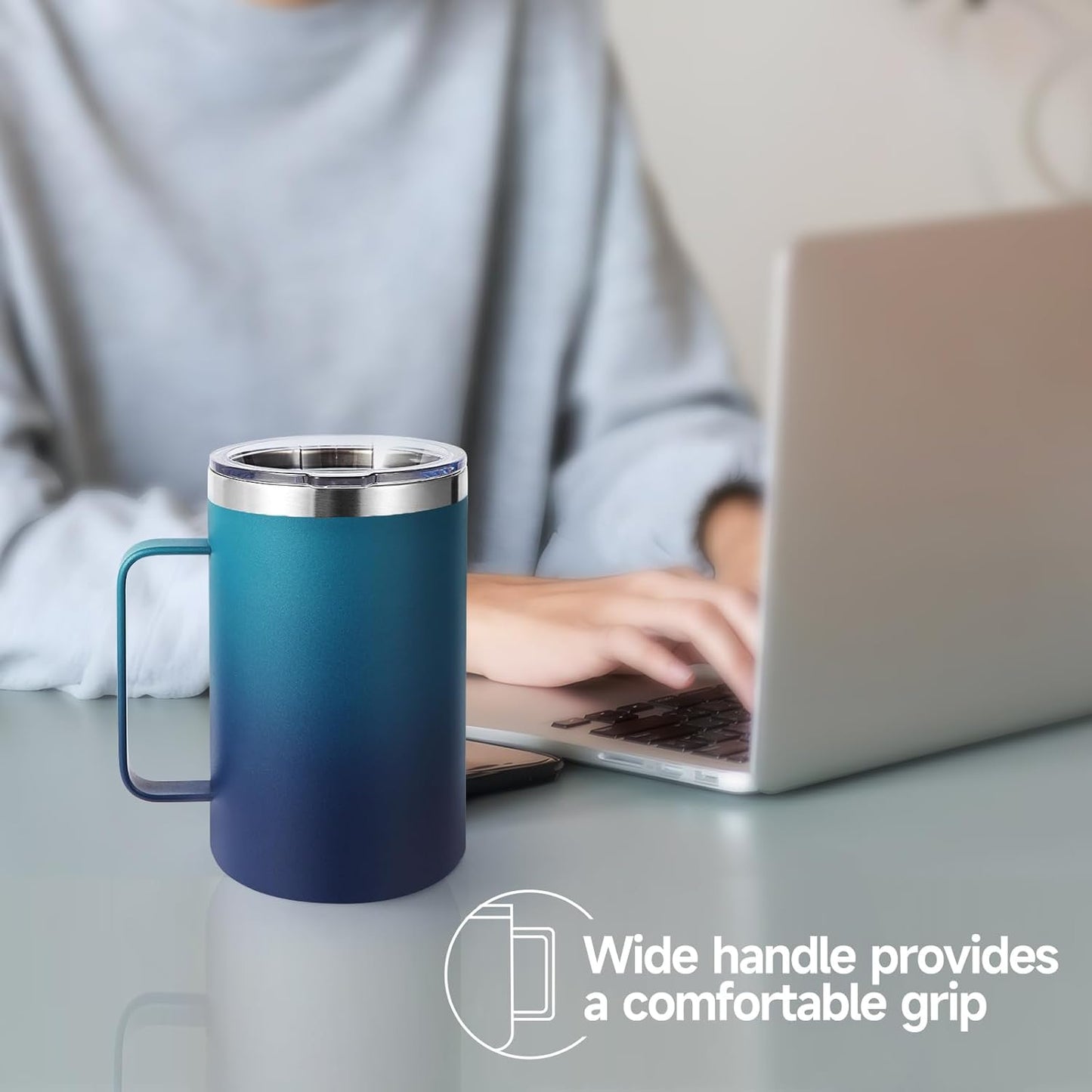 Volhoply 16oz Insulated Coffee Mug with Lid and Straw, Stainless Steel Travel Mugs with Handle, Double Wall Vacuum Leak Proof Coffee Tumbler Cup (White,1)