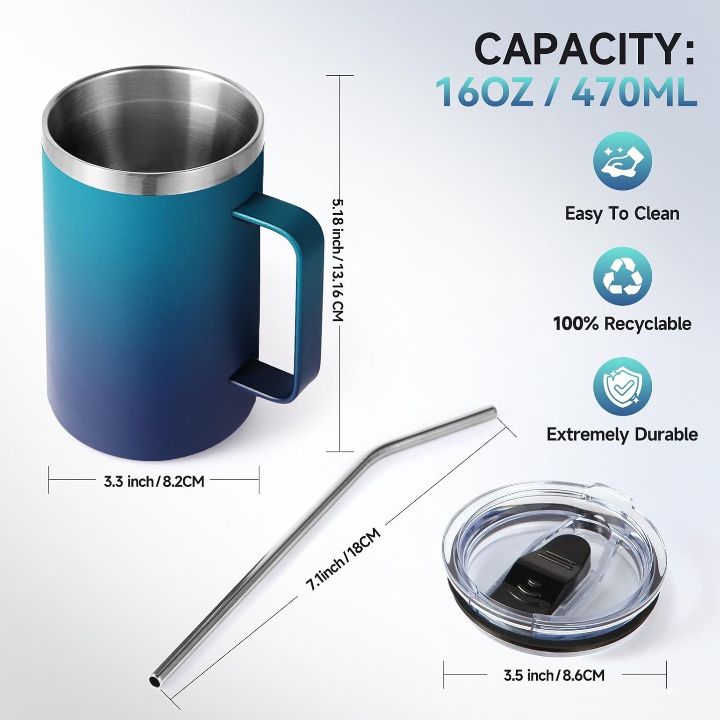 Volhoply 16oz Insulated Coffee Mug with Lid and Straw, Stainless Steel Travel Mugs with Handle, Double Wall Vacuum Leak Proof Coffee Tumbler Cup (White,1)