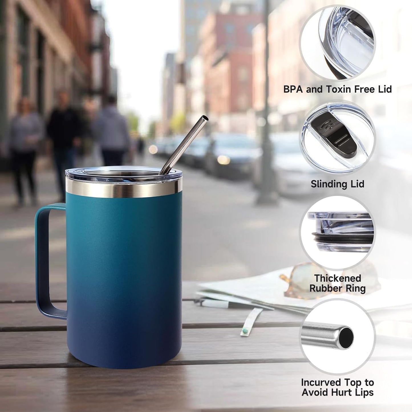 Volhoply 16oz Insulated Coffee Mug with Lid and Straw, Stainless Steel Travel Mugs with Handle, Double Wall Vacuum Leak Proof Coffee Tumbler Cup (White,1)