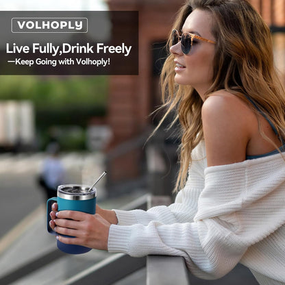 Volhoply 16oz Insulated Coffee Mug with Lid and Straw, Stainless Steel Travel Mugs with Handle, Double Wall Vacuum Leak Proof Coffee Tumbler Cup (White,1)
