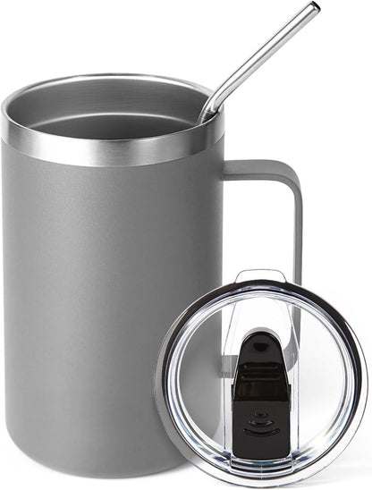 Volhoply 16oz Insulated Coffee Mug with Lid and Straw, Stainless Steel Travel Mugs with Handle, Double Wall Vacuum Leak Proof Coffee Tumbler Cup (White,1)