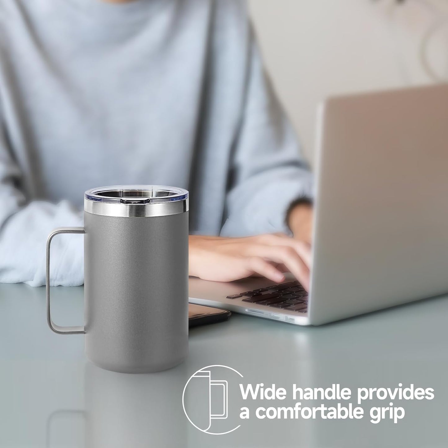 Volhoply 16oz Insulated Coffee Mug with Lid and Straw, Stainless Steel Travel Mugs with Handle, Double Wall Vacuum Leak Proof Coffee Tumbler Cup (White,1)