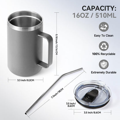 Volhoply 16oz Insulated Coffee Mug with Lid and Straw, Stainless Steel Travel Mugs with Handle, Double Wall Vacuum Leak Proof Coffee Tumbler Cup (White,1)