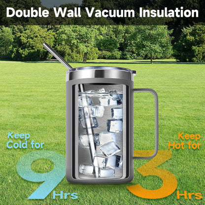 Volhoply 16oz Insulated Coffee Mug with Lid and Straw, Stainless Steel Travel Mugs with Handle, Double Wall Vacuum Leak Proof Coffee Tumbler Cup (White,1)
