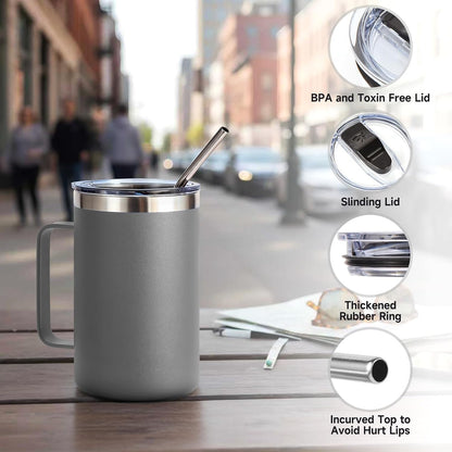 Volhoply 16oz Insulated Coffee Mug with Lid and Straw, Stainless Steel Travel Mugs with Handle, Double Wall Vacuum Leak Proof Coffee Tumbler Cup (White,1)