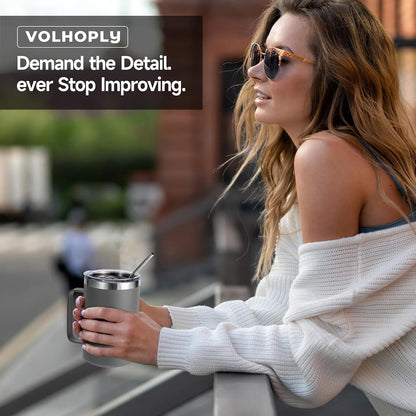 Volhoply 16oz Insulated Coffee Mug with Lid and Straw, Stainless Steel Travel Mugs with Handle, Double Wall Vacuum Leak Proof Coffee Tumbler Cup (White,1)