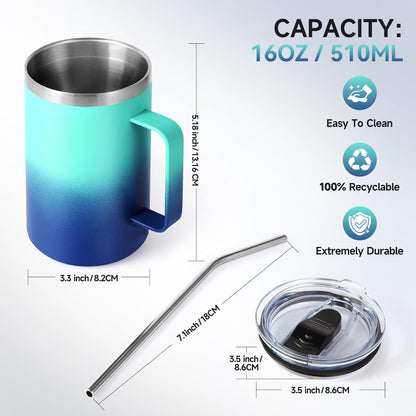 Volhoply 16oz Insulated Coffee Mug with Lid and Straw, Stainless Steel Travel Mugs with Handle, Double Wall Vacuum Leak Proof Coffee Tumbler Cup (White,1)