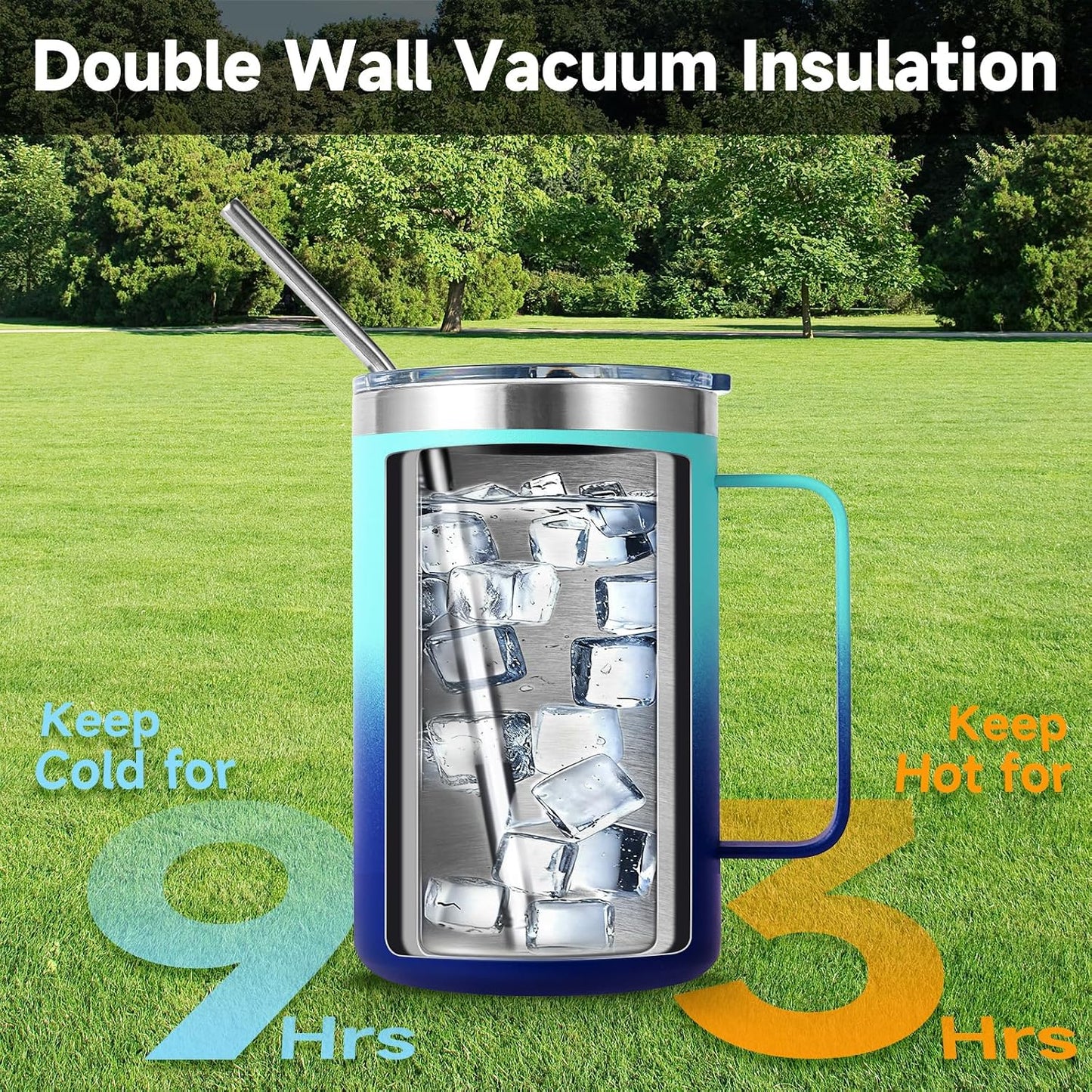 Volhoply 16oz Insulated Coffee Mug with Lid and Straw, Stainless Steel Travel Mugs with Handle, Double Wall Vacuum Leak Proof Coffee Tumbler Cup (White,1)