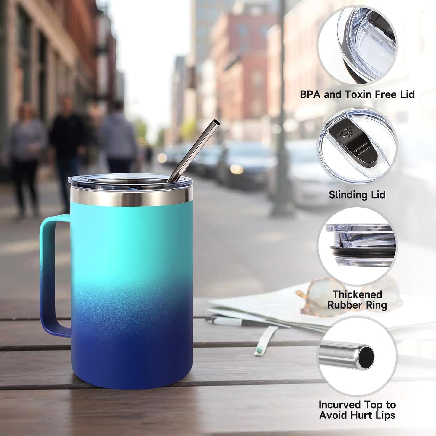Volhoply 16oz Insulated Coffee Mug with Lid and Straw, Stainless Steel Travel Mugs with Handle, Double Wall Vacuum Leak Proof Coffee Tumbler Cup (White,1)