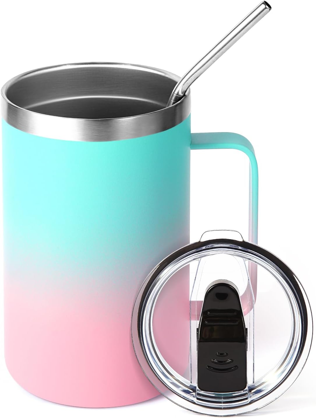 Volhoply 16oz Insulated Coffee Mug with Lid and Straw, Stainless Steel Travel Mugs with Handle, Double Wall Vacuum Leak Proof Coffee Tumbler Cup (White,1)