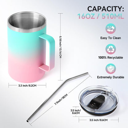Volhoply 16oz Insulated Coffee Mug with Lid and Straw, Stainless Steel Travel Mugs with Handle, Double Wall Vacuum Leak Proof Coffee Tumbler Cup (White,1)
