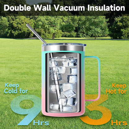 Volhoply 16oz Insulated Coffee Mug with Lid and Straw, Stainless Steel Travel Mugs with Handle, Double Wall Vacuum Leak Proof Coffee Tumbler Cup (White,1)
