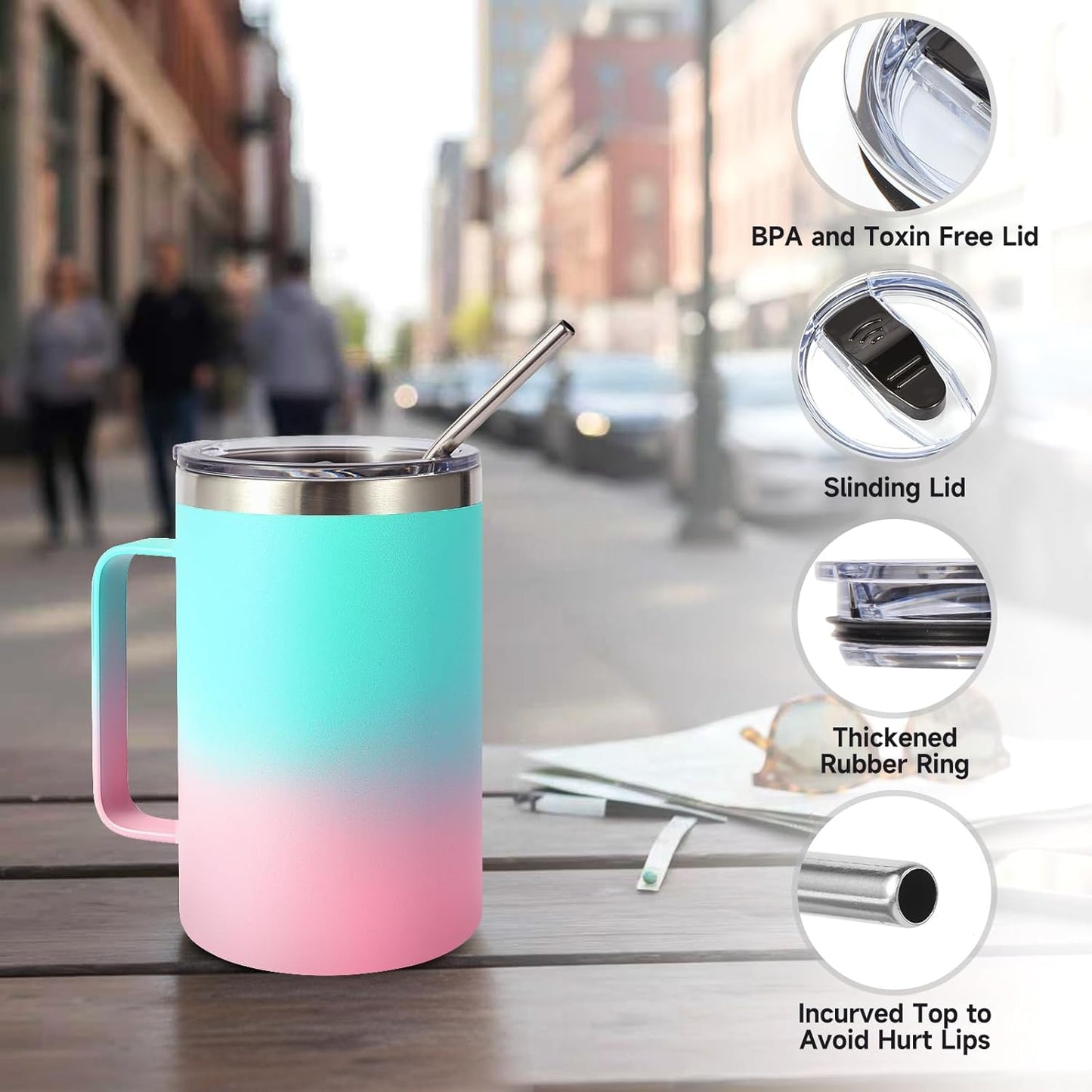 Volhoply 16oz Insulated Coffee Mug with Lid and Straw, Stainless Steel Travel Mugs with Handle, Double Wall Vacuum Leak Proof Coffee Tumbler Cup (White,1)
