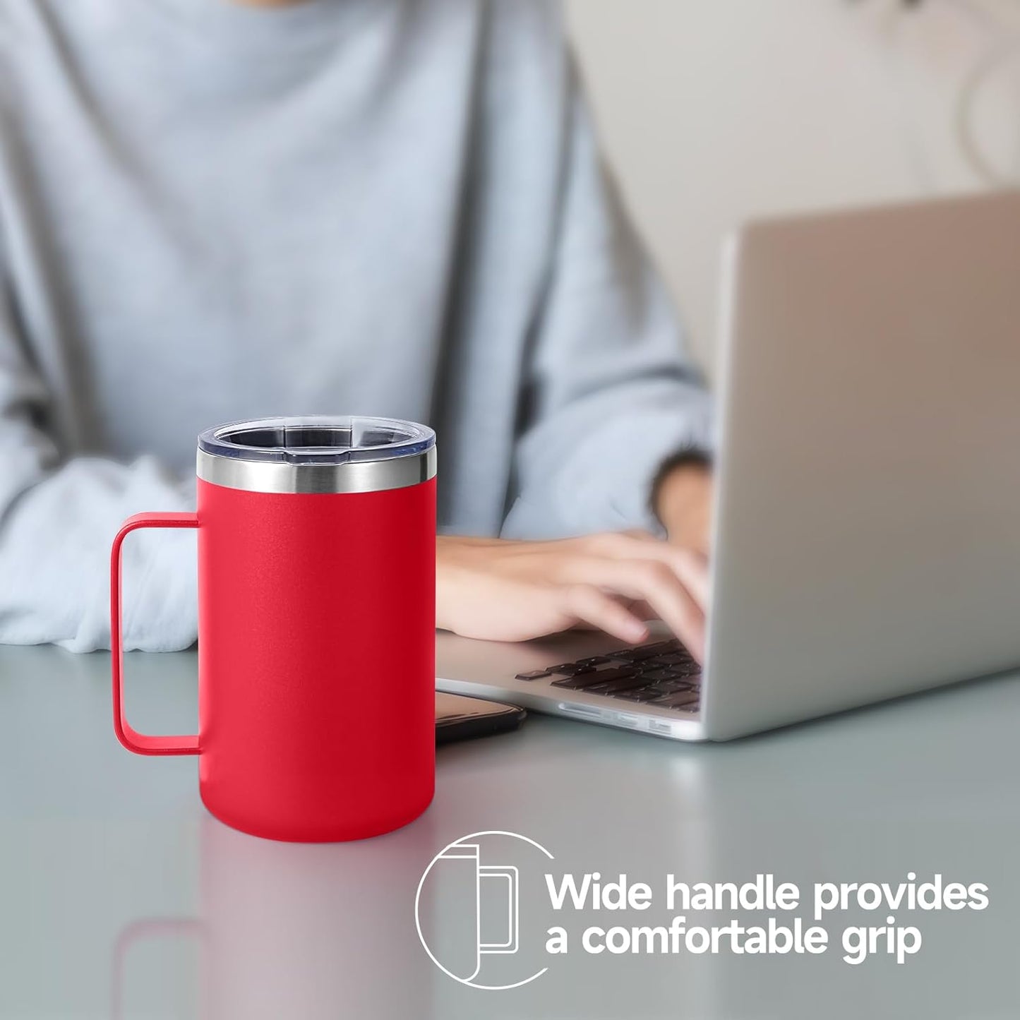 Volhoply 16oz Insulated Coffee Mug with Lid and Straw, Stainless Steel Travel Mugs with Handle, Double Wall Vacuum Leak Proof Coffee Tumbler Cup (White,1)