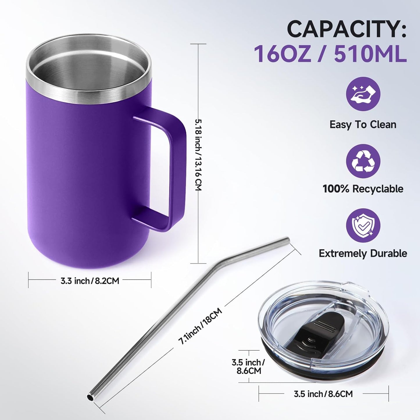 Volhoply 16oz Insulated Coffee Mug with Lid and Straw, Stainless Steel Travel Mugs with Handle, Double Wall Vacuum Leak Proof Coffee Tumbler Cup (White,1)