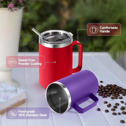 Volhoply 16oz Insulated Coffee Mug with Lid and Straw, Stainless Steel Travel Mugs with Handle, Double Wall Vacuum Leak Proof Coffee Tumbler Cup (White,1)
