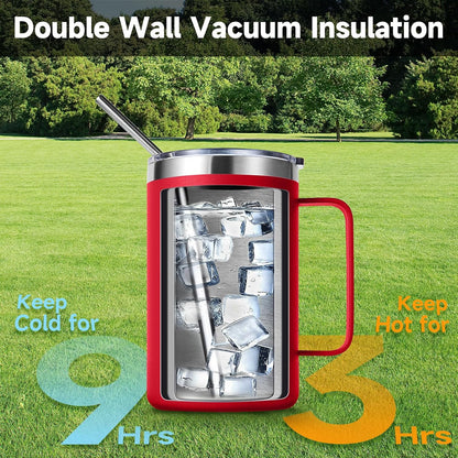 Volhoply 16oz Insulated Coffee Mug with Lid and Straw, Stainless Steel Travel Mugs with Handle, Double Wall Vacuum Leak Proof Coffee Tumbler Cup (White,1)