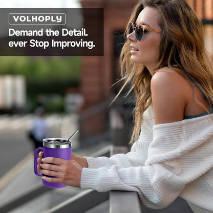 Volhoply 16oz Insulated Coffee Mug with Lid and Straw, Stainless Steel Travel Mugs with Handle, Double Wall Vacuum Leak Proof Coffee Tumbler Cup (White,1)