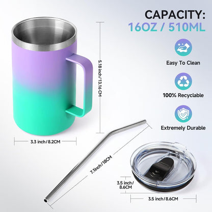 Volhoply 16oz Insulated Coffee Mug with Lid and Straw, Stainless Steel Travel Mugs with Handle, Double Wall Vacuum Leak Proof Coffee Tumbler Cup (White,1)