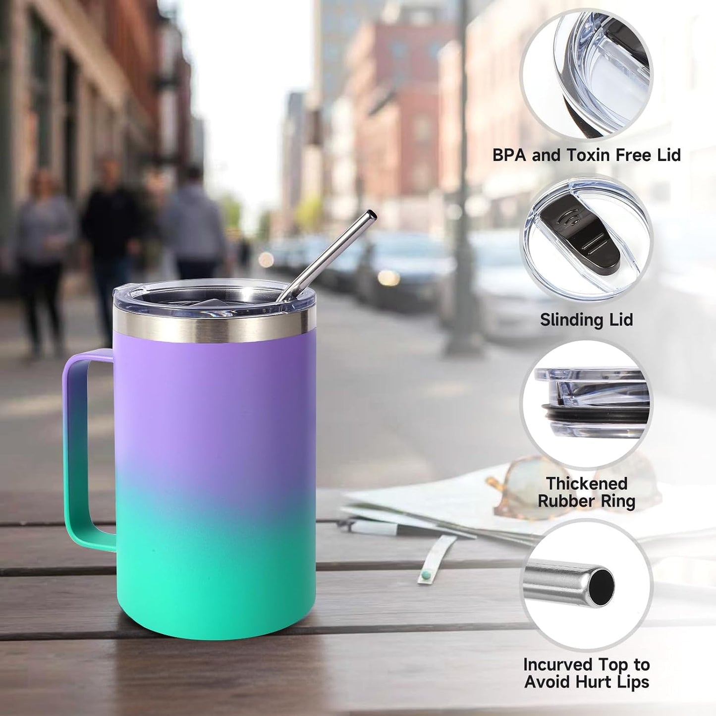 Volhoply 16oz Insulated Coffee Mug with Lid and Straw, Stainless Steel Travel Mugs with Handle, Double Wall Vacuum Leak Proof Coffee Tumbler Cup (White,1)